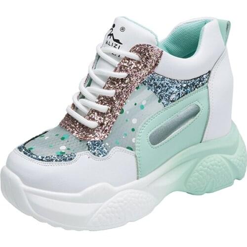 New Fashion Bling Women Chunky Platform Sneakers Ladies Mesh Breathable Casual Shoes Woman 6CM High Heels Wedges Outdoor Shoes