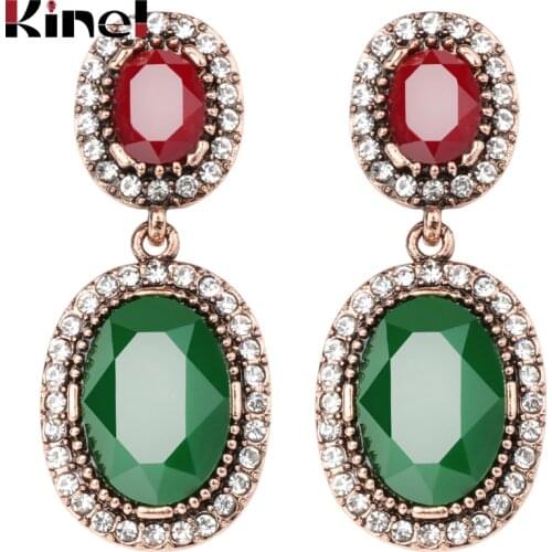 Kinel Boho Jewelry For Women Drop Earings With Stones Antique Gold Green Resin White Rhinestones Oval Big Earrings Drop Shipping