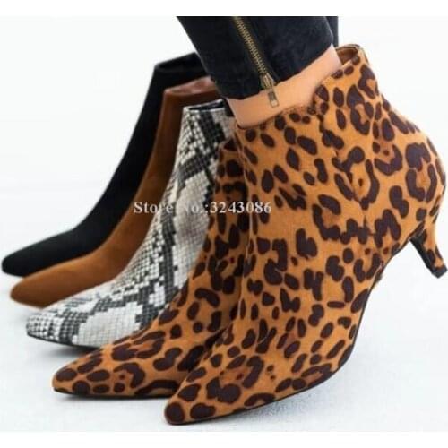 Woman Suede Leopard Low Heel Ankle Boots Sexy Pointed Toe Snakeskin Leather Stiletto Heel Short Boots Lady Designer Party Bootie