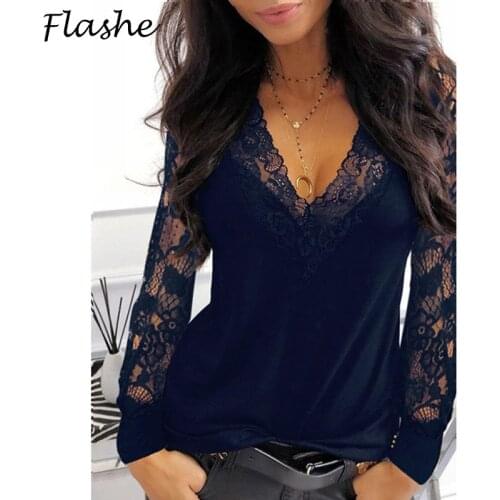 Womens Casual V-neck Lace Splicing Long Sleeve T-shirt Spring Autumn Clothes Sexy Solid Color Black Tee Shirt Office Lady Top