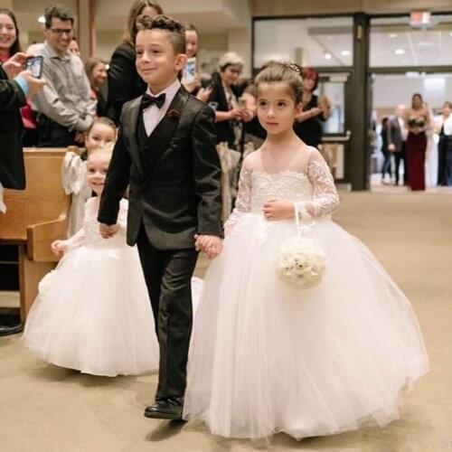 Modern Sheer Neck Full Sleeve Flower Girls Dresses for Wedding Lace Appliques Puffy Tulle Skirt Kids Communion Dress 2020