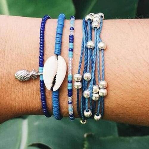 5Pcs/Set Boho Women Shell Pineapple Charm Beaded Bangle Bracelet Jewelry Gift