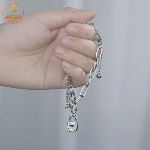 Akizoom Square Heart Lock Bracelet Stainless Steel Color for Women Korean Charm Unisex Wrist Birthday Party Jewelry Gift