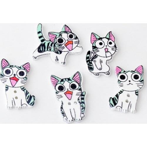 Free shipping -100Pcs Random Mixed Cat Wood Sewing Buttons 2 Holes Pattern Scrapbooking 24x15mm-24x22mm J2942