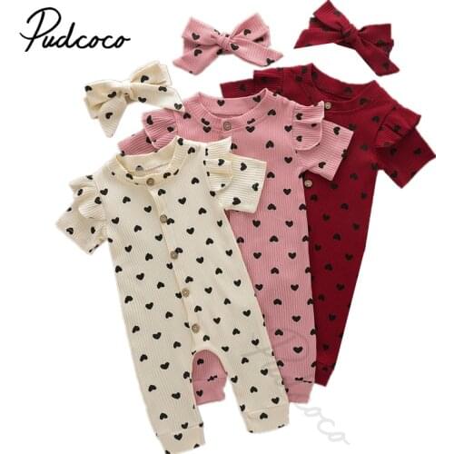 Childrens Two Piece Set Hearts Print Jumpsuit Infant Fly Sleeve Crew Neck Heart Button Print Ribbed Romper Bow Hair Band Baby