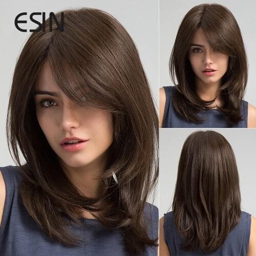 ESIN Dark Brown Wig Party Daily Natural Wave Wigs for Women Side Part Synthetic Hair with Bangs Free Hairnet
