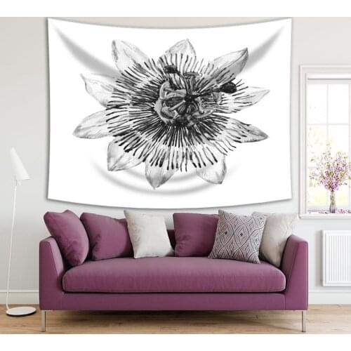 Tapestry Passion Flower Nature Summer Bloom Floral Monochromic Abstract Artwork Printed Black Gray White