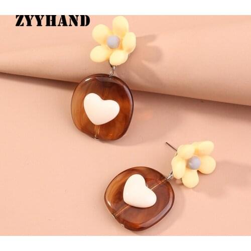 Coffee Color Heart Women Flower Drop Earring Girl Vintage Floral Resin Anniversary Lady Party Lovely Ear Jewellery