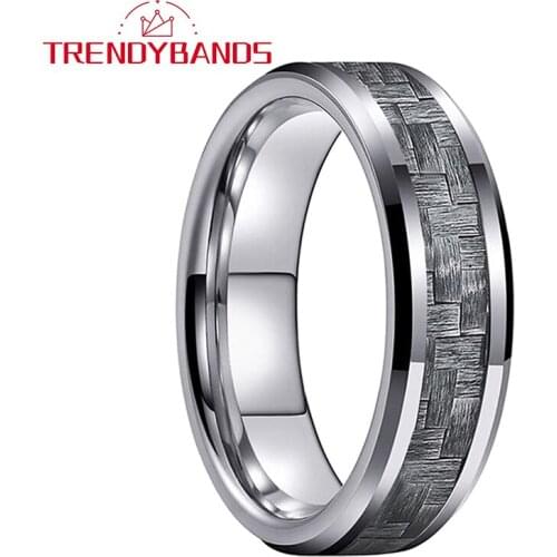 6MM Gray Carbon Fiber Inlay Tungsten Carbide Rings For Men Women Wedding Band Polished Shiny Comfort Fit
