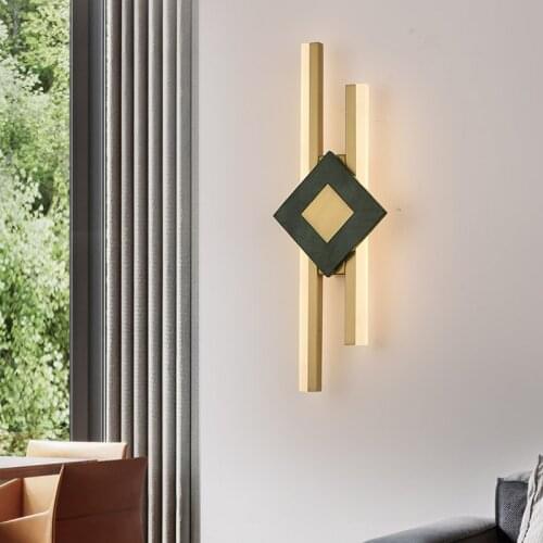 Square Green Natural Marble LED Wall Lamps Gold Metal Acrylic Livingroom Bedside Aisle Wall Sconce Atmosphere Lighting Loft Deco
