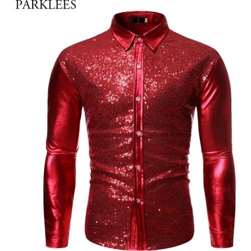 Mens Metallic Shiny Red Sequin Disco Shirt 2019 Brand Long Sleeve Wedding Party Glitter Shirts Dance Prom Clubwear Costume S-XL