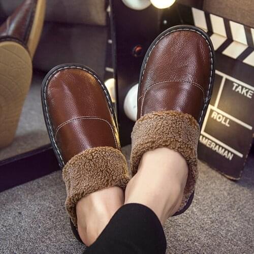 Cowhide Leather Mens Cotton Slipper Winter Warm Indoor Cowhide Bottom Thick Slippers loves Household Shoes