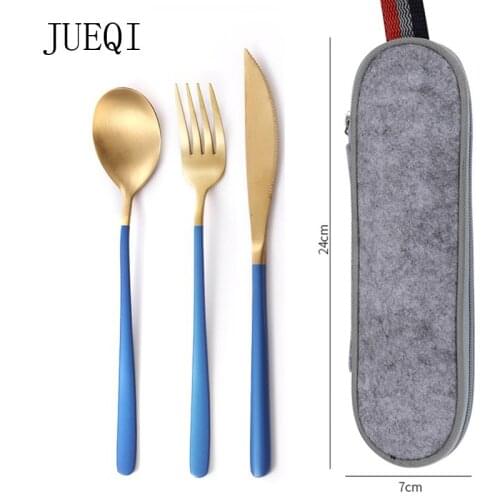 JueQi Dinnerware Set Stainless Steel Plating Gold Blue Black Knife Fork Tableware Cutlery Western Food Camping Tableware Bag