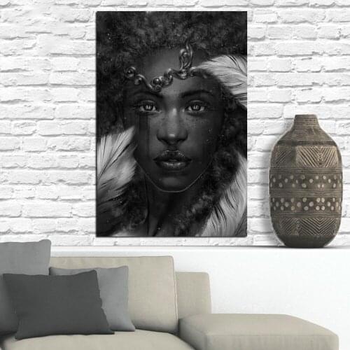 Wall Art Canvas Painting Modular Picture Prints Black Fine Curly Feather Girl HD Wallpaper Poster Living Room Home Decor