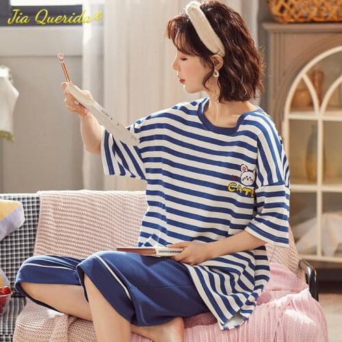 Sleepwear Cotton Summer Pajama Set Pink Elegant Flamingo Printing Cotton Plus Size 4XL 5XL Womens Homewear Big Size Pyjama Set