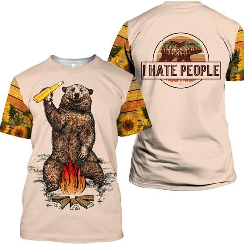 Sunflower stitching sleeves graffiti bear print casual beer T-shirt