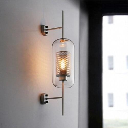Modern Clear Glass Shade Scones Wall Lamps for Bedroom Bedsides Restaurant Hotel Study Wall Lights Loft Retro Iron Net Fixture