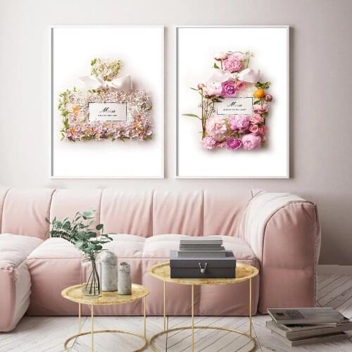 Blush Pink Perfume Flower Poster Print Fashion Luxury Wall Art Decor Bottle Blooming Bouquet Canvas Painting Vogue Pictures Art