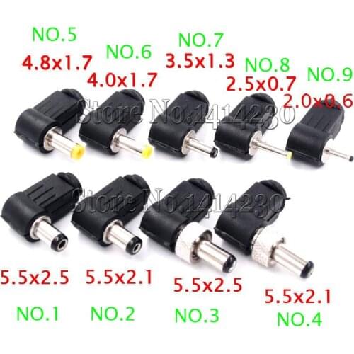 10PCS DC Power Male Plug Jack Adapter 90 Degree Male 5.5x2.1mm 5.5x2.5mm 4.8x1.7mm 4.0x1.7mm 3.5x1.3mm 2.5x0.7mm 2.0x0.6mm