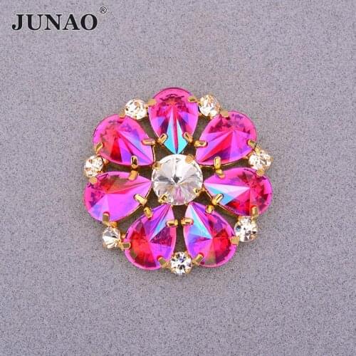 JUNAO 37mm Rose AB Crystal Flower Rhinestones Sewing Glass Crystals Applique Big Strass Flat Back Claw Stones for Wedding Dress