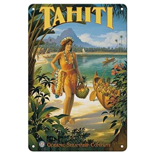 Tahiti - Oceanic Steamship Company - Tahitian Native with Fruit and Flower Leis - Ocean Liner by Kerne Erickson Metal Tin Sign