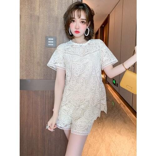 Water soluble lace hollow out hook flower coat + high waist shorts suits summer new female