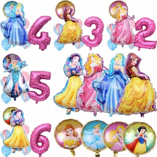 7pcs Princess Theme 32inch Number Air Globos Girls Birthday Aurora Cinderella Belle Snow White Party Decor Foil Balloons Suit