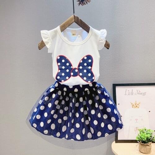 Summer new baby girl baby short-sleeved bow-knot polka-dot skirt childrens clothing suit two-piece cute princess dress