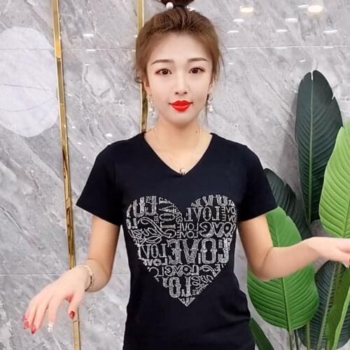 Womens T-shirt Summer Lace Short Sleeve T-shirts Floral Cotton V-neck T Shirt Women Rhinestone T Shirt Tops Tees