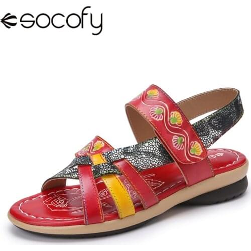 Socofy Retro Floral Print Cross Straps Genuine Leather Splicing Hook Loop Comfy Flat Stripe Sandals Bohemia Womens Stripe Shoes