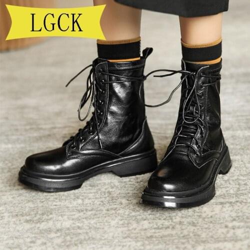 Plus Size 34-42 Woman Motorcycle Shoes Real Leather Ankle Boots Lace Up Woman Short Winter Warm Boots Platform Heel Footwear