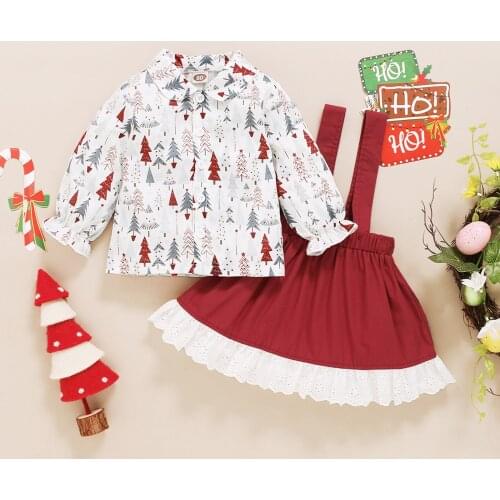 1-4Y Kids Girls Christmas Clothes Set Printed Long Sleeve Lapel Shirt + Flounce Suspender Skirt Spring Autumn 2Pcs Outfit