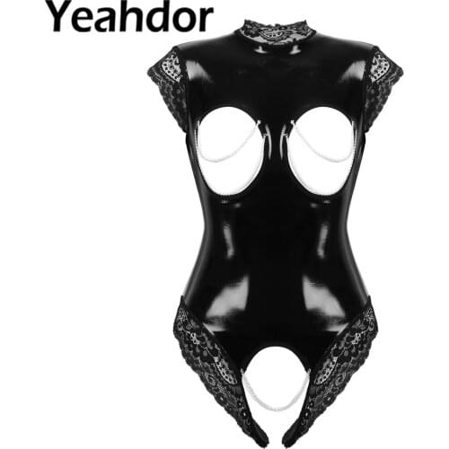Womens Wet Look Patent Leather Lingerie Bodysuit High Neck Sexy Sleeveless Open Breast Crotchless Lace Trimmed Leotard Nightwear