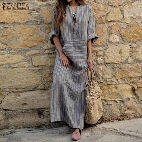 ZANZEA Women Dress 2021 Autumn Vintage Striped Casual Loose Maxi Long Dresses Sexy V Neck Long Sleeve Vestidos Robe