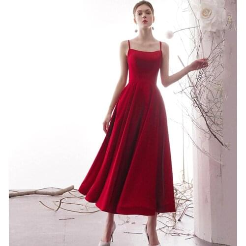 Elegant Red Jersey Tea Length Evening Dress 2021 Spaghetti Straps Square Neck Sleeveless A-Line Special Occasion Gowns