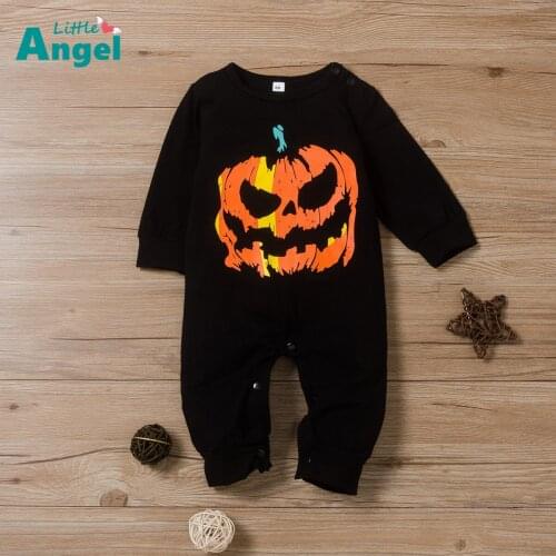 2021 Halloween new spring and autumn black infant Jumpsuit round neck printed crotch open button long climbing suit