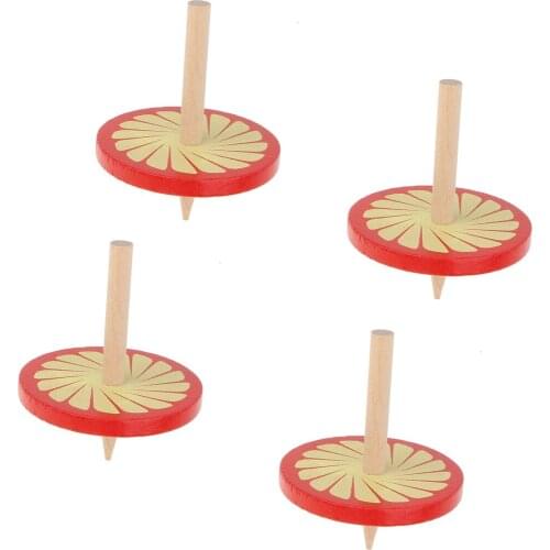 4 Pieces of Red Wooden Spinning Tops Kids Toy Craft Gift Party Bag Fillers