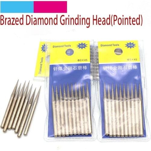 5pcs 3mm Shank Pointed Shape Brazed Diamond Grinding Head Burrs Carving Peeling Bits For Jade Stone Glass Metal Ceramic Mill