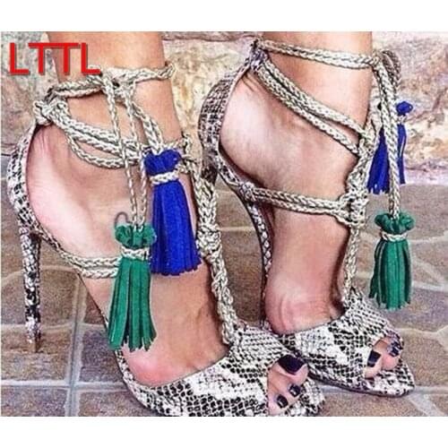 Hot Selling Snake Skin Print Lace-up Sandals Ankle Strap Tassel Sandals Sexy High Heel Cut-out Gladiator Sandals Boots Women