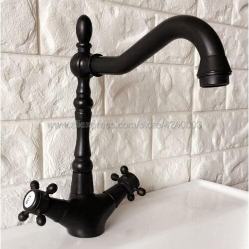 Oil Rubbed Bronze Dual Handle Bathroom Basin Sink Mixer Taps Deck Mounted Single Holder Swivel Spout Black Faucet Knf383