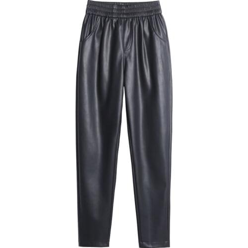 New Arrival Women Black Faux Leather Harem Pants Ladies Elegant Elastic Waist Pu Leather Loose Trousers Streetwear Female Pants