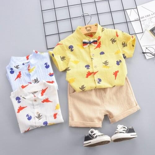 Little Boys 2Pcs Outfit Set Dinosaurs Pattern Short Sleeve Button-Down Mock Top Short Solid Color Elastic Band Pockets Pants