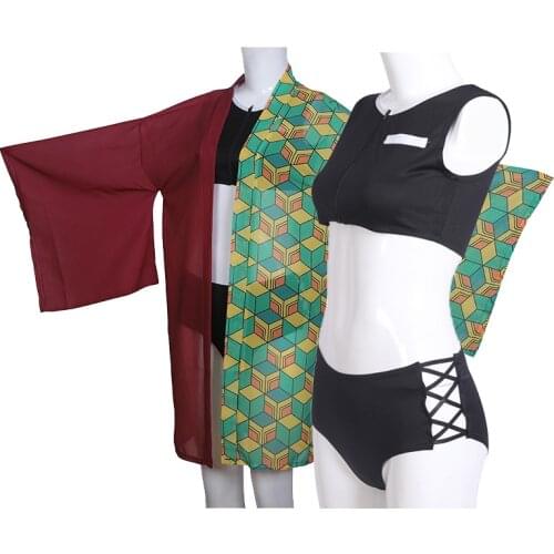 Anime Demon Slayer Swimsuit Kimetsu no Yaiba Cosplay Costume Tomioka Giyuu Summer Bikini Bathing Suit Beach Swimwear Kimono Set