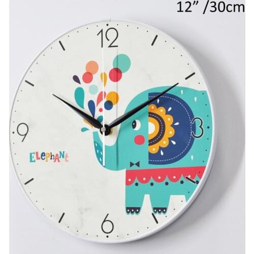 Modern White Blue Elephant MDF Wall Clock Round 12 inches Single-sided Cartoon Animal Printed Baby Room Wall Decor Marle Clock