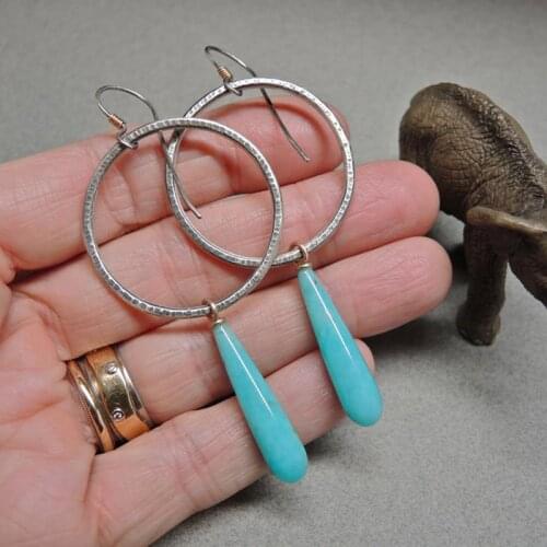 Delicate Blue Teardrop Stone Dangle Earrings for Women Long Jewelry Handmade Hollow Circle Metal Pendant Earrings