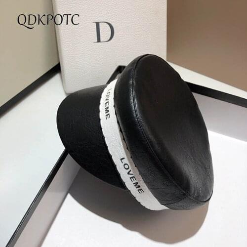 2021 Cap Spring Autumn New Women PU Leather Military Hats Europe America Fashion Simplicity Casual Letters Belt Berets QDKPOTC