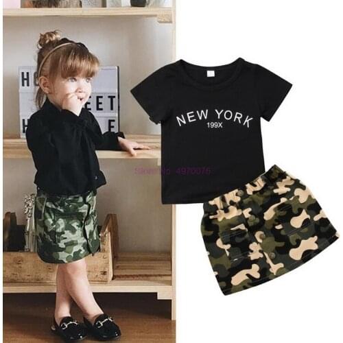 DHL 200set Baby Girl clothes round neck short sleeve letter print Top + Camouflage Button pocket Skirts Toddler cotton Outfit