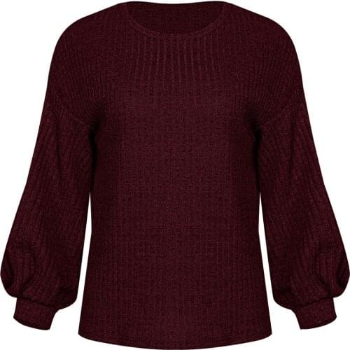 Round-neck lantern sleeves casual pit strip knitted top Khaki Burgundy black caramel sweater