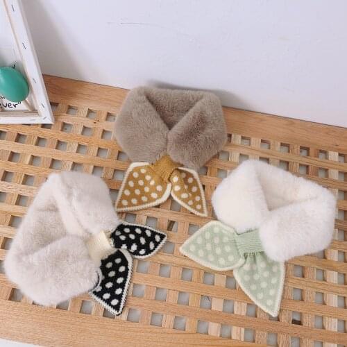 Fashion Winter Baby Girls Rabbit Fur Warm Neckerchief Bowknots Collar Toddler Kids Patchwork Polka Dot Cross Lattice Scarves