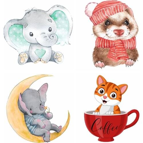 DIY Heat Transfer Patches Cute Animals Cars Iron On Patches For Clothing Kid T-shirt Dress Decoration Heat Press Clothes Sticker